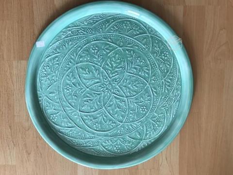 Bandeja / fuente de metal esmaltado color turquesa