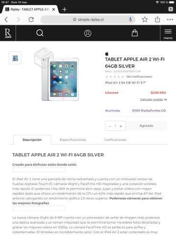 Tablet apple air 2 wi-fi 64gb silver