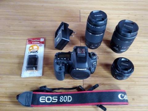 Cámara Canon EOS 80D (W) + lentes+ batería