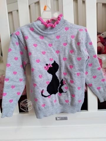 Sweater niña talla 4 gris y fucsia gatitos ropa