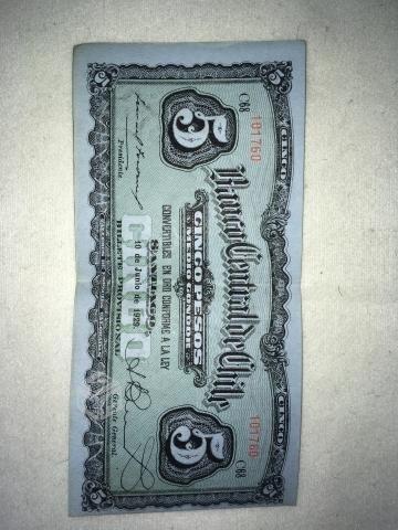 Billete Chile 5 Pesos Fechado 1929