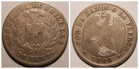 Moneda de 20 centavos del año 1880, Chile